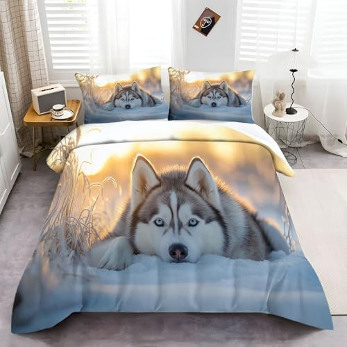 CozyRest Bettwäsche Druck Husky Im Schnee Bettwäsche-Set 135x200 cm 3 Teilig Bettbezug Mit Reißverschluss Weiche Mikrofaser Kinder Bettbezüge Mit 2 Kissenbezug 80x 80 cm