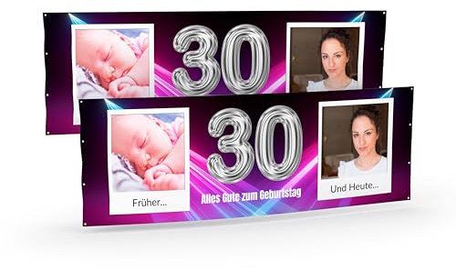 Banner selbst gestalten mit Foto und Text Lila I Geburtstagsbanner (50cm x 150cm) personalisiert für Männer und Frauen I Fahne selbst gestalten