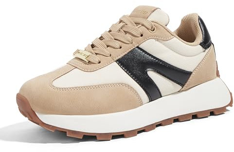 LUCKY STEP Zapatillas de Plataforma para Mujer – Clásicas y Retro, Zapatos de Moda con Cordones para Correr, Tenis y Uso Diario (Beige/Negro, 9US-40EU-7UK)