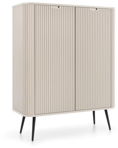 Lomadox Highboard Anrichte Kommode Schrank 2-türig Kaschmir Cashmere beige mit Rillen Design Metallfüße schwarz 103x129x39 cm