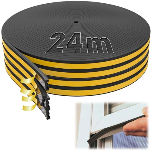 SWTYExt 24m Fensterdichtung E-Profil Fensterabdichtung Schalldämmung Türabdichtung Anti-Kollision Dichtband Selbstklebend Dichtband Fenster Schwarz Gummidichtung für Türen Holzfenster Lücken Rissen