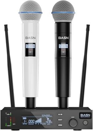 BASN UHF Dual Channel Wireless Microphone System – Handheld Mics for Stage, Karaoke, Weddings, DJ, and Events (Black & White)