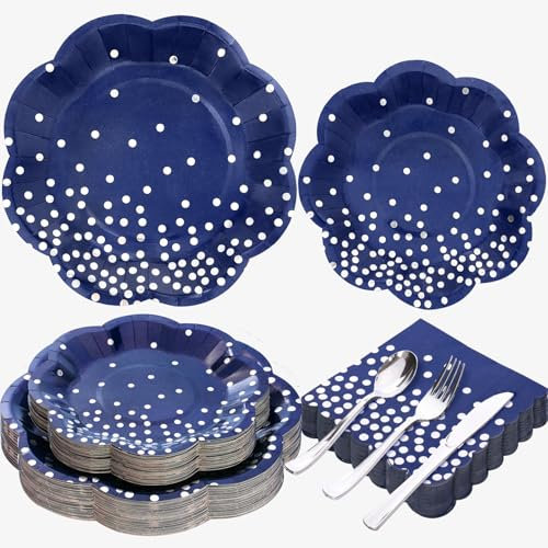 Boocikey Blue Paper Plates,Navy Blue Plates and Napkins Party Supplies for Wedding Birthday Baby Shower Party,Serves 25 Guests