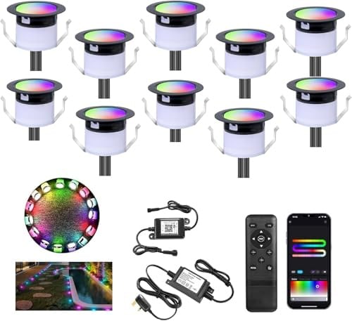 GEYUEYA Home RGBW+IC WiFi Music LED Decking Lights, IP67 Waterproof,10 Pack | Ø31mm Recessed Plinth Light with Remote Control, Ideal for Deck/Patio/Terrace Outdoor Decoration, 12V Low Voltage Safe