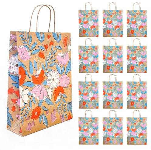 Brown Paper Bags - 12 x Recyclable Large Paper Gift Bags with Colourful Floral Pattern - Supported by Woodland Trust - for All Occasions