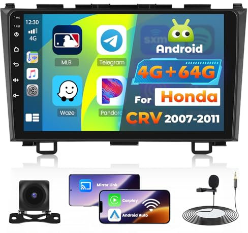Roinvou 4+64G Radio Coche 2 DIN para Honda CRV 2007-2011 Carplay Inalámbrico Android Auto, Android 15 Pantalla Radio Coche 9 Pulgadas con MirrorLink Bluetooth WiFi GPS 32EQ RDS/FM SWC Cámara