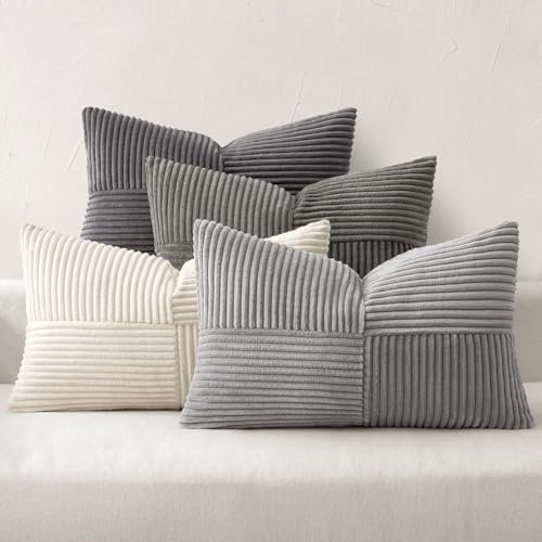 MIULEE 4er Set Kordsamt Kissenbezug Patchwork Kissenhülle Weich Dekokissen Modern Unsichtbarer Reißverschluss Sofakissen Zierkissen für Sofa Wohnzimmer Schlafzimmer Grau Serie 40x60 cm