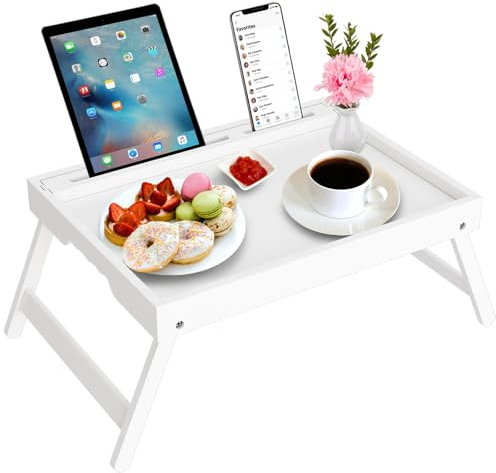 Bett Tablett Tisch mit faltbaren Beinen, Bambus Frühstück Food Tablett mit Media Slot, Verwendung als Platte, Laptop Schreibtisch, Snack, TV Tablett Küche Serving Tablett (Weiß Groß)