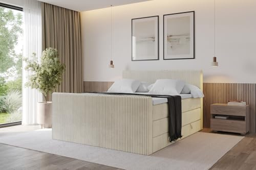 ALTDECOR Boxspringbett mit Matratze und Lattenrost, Topper, Fußteil,Polsterbett mit Bettkasten, Bett mit Stauraum H3- und H4- Matratze, Doppelbett, Springboxbett - TOLO-Z King 120x200 Cord - Creme