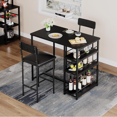 Danonlly Esstisch Bartisch Set mit 2 Stühlen, Theken Küchentisch Barhocker Esszimmertisch Set aus Metall und MDF mit 3 Ablagen für Aufbewahrung für Esszimmer Küche, 91.6 x 50 W x 91.6 cm (Schwarz)