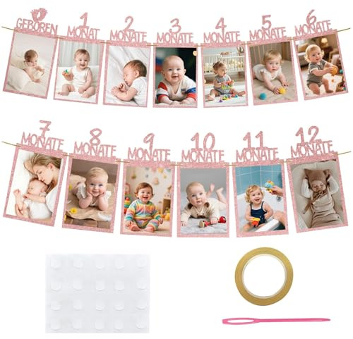 APKOL Fotogirlande 1. Geburtstag für 1 bis 12 Monate Baby erster geburtstag | Geburtstagsdeko Hängende Wanddekoration für Deutsch Kraftpapier Mädchen Jungen Party Deko Erster Kommunion(Rosa)