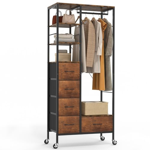 HOKEEPER All-in-One Rolling Coat Rack with 5 Drawers, Mobile Wardrobe with Clothes Rail & Open Shelves for Bedroom, Laundry Room - Wood Grain