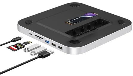 Qwiizlab Hub USB-C con carcasa SSD, estación de acoplamiento para Mac Studio Mac mini M2/M1/Intel, tipo C de 10 Gbps, lectores de tarjetas de 104 MB/s, se adapta a M.2 PCIe SATA y NVMe SSD (plateado)