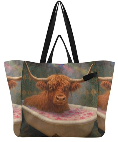 Sacs fourre-tout légers en toile pour cuisine, sac d'épicerie, sac de demoiselle d'honneur pour femme, cadeau de fête de mariage, pétales de rose, vache Highland, bain