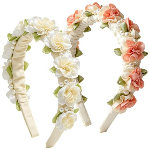 Joycabin 2 Stücke Haarreif Dirndl Blumen,Perle Blumen Kopfschmuck, Künstliches Blumen Haarreifen,Perlen Hair Accessories für Mädchen Oktoberfest Accessoires Damen Partys Feste Hochzeiten (Beige Rosa)