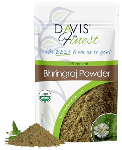 Davis Finest Organic Bhringraj Powder 250 g, Puro e Naturale, Ayurvedico, Senza Sostanze Chimiche, Maschera per Capelli Fini, Capelli Diradati, Favorisce la Crescita dei Capelli