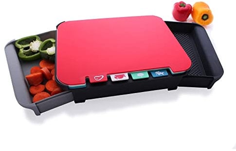 Chopping Board Set Index Coloured Cutting Board Non Slip BPA Free with Stand and 2 Drawer Compartments Set of 4