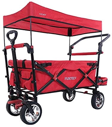 FUXTEC Bollerwagen faltbar FX-CT800 Rot mit Dach | Transportwagen klappbar | Schiebegriff & Innenraumverlängerung | Feststellbremse | Vollprofilreifen | Handwagen/Leiterwagen – Das Original