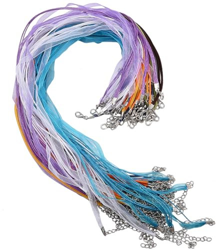 SUNNYCLUE 54pcs 3 Styles 6 Colors Necklace Cords with Clasp Include Organza Ribbon Necklaces Cord Suede Cords Waxed Leather Cord for Jewellery Making DIY Bracelet Necklace Accessories
