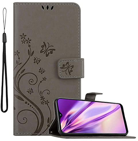 cadorabo Coque pour Samsung Galaxy A20e en Gris Floral – Housse Protection en Design de Fleur avec Fermoire Magnétique, Stand Horizontal et 3 Fentes Cartes - Portefeuille Etui Poche Folio Case Cover