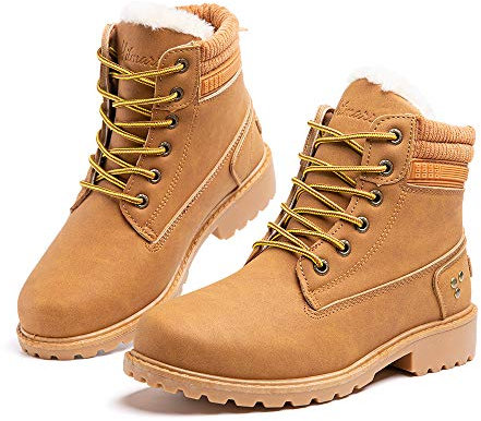 Hitmars Stivali Invernali Donna Bassi Caldi Foderato di Pelliccia Scarpe da Inverno PU Vamp Stivaletti da Neve Stringate Piatto 3.2 CM 3 Marrone Taglia 37 EU