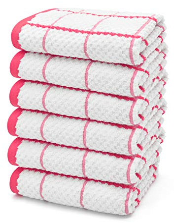 Ashley Mills Jacquard Woven Tea Towels Large Check 50x70cms Super Absorbent 100% Cotton (6 Pack, Pink)