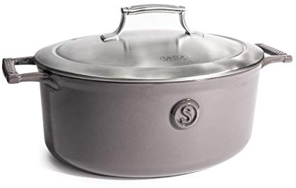 SAVEUR SELECTS Gusseiserner Kochtopf mit Edelstahldeckel, 4.7 L Volumen, Ø 30 cm, Emailliert, Spülmaschinenfest, geeignet für alle Herdarten, Backofenfest bis 260°C, induktionsgeeignet, oval, Grau