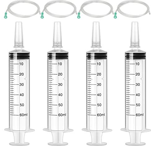 4 Stück Spritze, 60 ml Großer Plastikspritze mit Schlauch für Scientific Labs, Gartenbewässerung, Messflüssigkeiten, Motoröl oder Bremsflüssigkeit