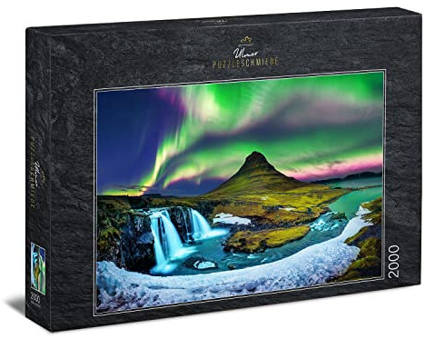 Ulmer Puzzleschmiede - Island-Puzzle „Berg & Licht“ – 2000 Teile Puzzle – Puzzlemotiv der Polarlichter über dem berühmten Kirkjufell-Berg - Landschaft unter Nordlichtern in Island