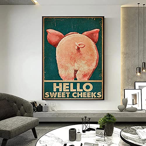Poster Drucke Lustige Cartoon Schwein Leinwand GemäLde Hallo SüßE Wangen Zitat Wandkunst Bilder FüR Badezimmer Dekor Cuadros 50x70cm (20x28in) Rahmenlos