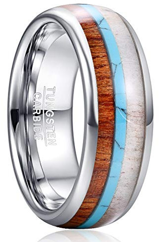 Corato Wolframcarbid Hochzeit Ring Herren 8mm Hawaii Koa Holz und Türkis Friendshipsring Poliert Finish Komfort Fit Größe 57(18.1)