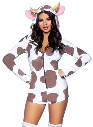 Leg Avenue Comfy Cow, características ultra-soft velvet plush zip up romper con la cremallera de la vaquera del suéter, horn and ear hood, and fur-tipped tail.