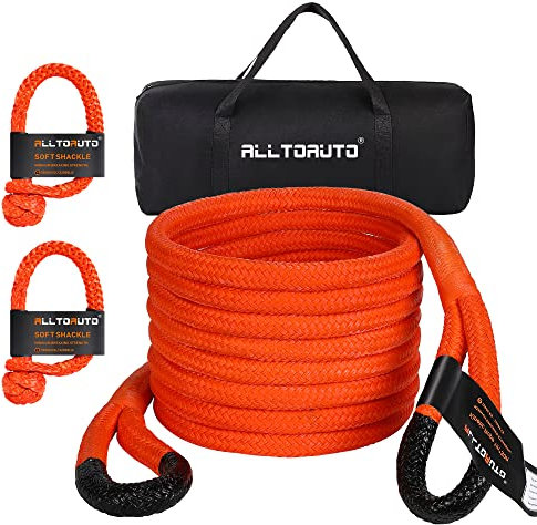 AlltoAuto 1 x 30' Kinetic Recovery & Tow Rope (33,000lbs), with 2 Soft Shackles (33,000lbs) Offroad Recovery Kit for 4WD Pick Up Truck, SUV, ATV, UTV (Orange)