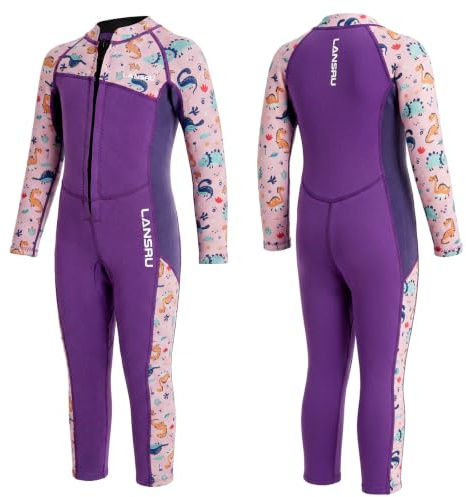 Lansru Kids Wetsuit, Full Wet suit 3mm Neoprene Long Sleeve Back Zip One Piece Swimming Suit for Girl Toddler Youth, Keep Warm Sun Protection Prevent Scratch for Swimming Diving Surfing Water Sports
