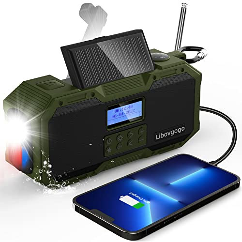 Libovgogo DF-588D Tragbares DAB+ UKW Radio mit wasserdichtem Bluetooth-Lautsprecher, Kurbelradio mit Handyladefunktion Solar, 4000mAh Powerbank, Taschenlampe, Stroboskoplicht, Leselicht,Wecker, SOS