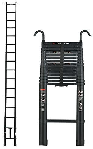 20,3FT/6,2M Échelle Télescopique en Aaluminium avec 2 Crochets Détachables, Échelle de Extension Pliante pour Extérieur, Echelles Pliables Rétractables Polyvalentes, Capacité de 330lbs, Noir