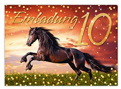 Junapack 12 Einladungskarten zum 10. Kindergeburtstag zehnte Geburtstag Mädchen Pferd braun
