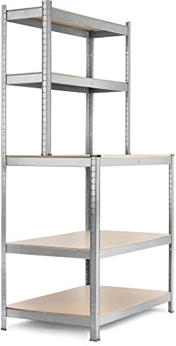 Stagecaptain WBR-175 SR Werkbankregal - Schwerlastregal mit Werkbank - Lagerregal für Werkstatt, Keller, Speisekammer - 5 Böden in 2 Tiefen - Extra stabile Arbeitsfläche auf 97 cm Höhe - Silber
