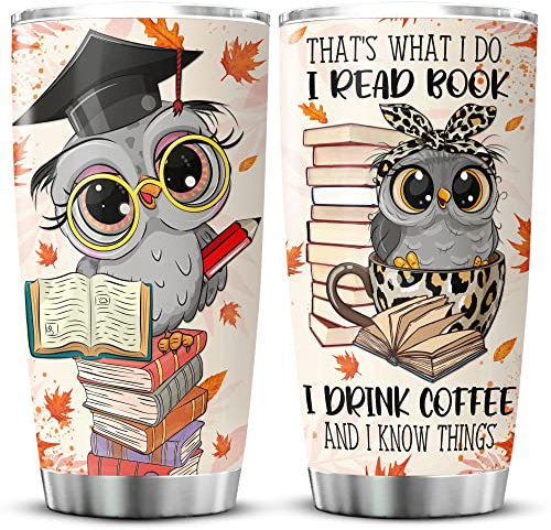 KOIXA Becher mit süßem Eulen-Design mit Deckel, 590 ml – I Read Books I Drink Coffee and I Know Things – isolierter Edelstahlbecher für Bücherwurm, Buchliebhaber – Kaffeetasse für Eulenliebhaber