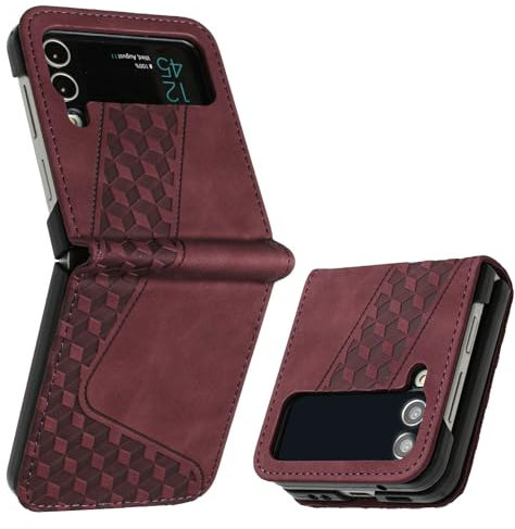 OKZone Kompatibel mit Samsung Galaxy Z Flip 4 Hülle, Handyhülle Samsung Z Flip 4, PU Leder Tasche Schutzhülle Flip Cover Klappbar Klapphülle Etui mit Silikon Bumper 360 Grad Lederhülle (Rot)