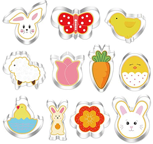 Daover 11 Piezas Pascua Moldes Galletas, Acero Inoxidable Cookie Cutters Molde, Conejos, Pollito, Huevo, Zanahoria, Flor, Mariposa, Juego de Cortadores de Galletas, Cortador para Hornear, Decoración