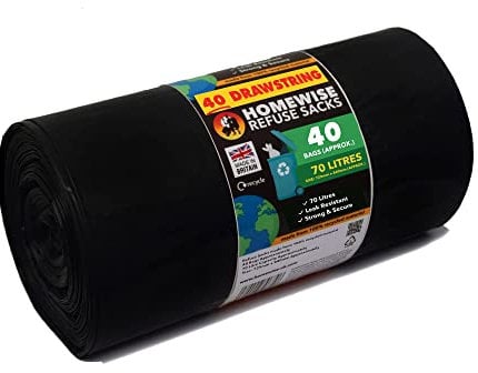 Homewise 40 Drawstring Bin Bags Heavy Duty 70L Bin Bag Refuse Sacks Pack Of 40 Black Bags For Rubbish Large Bin Bags Eco Friendly for Every Day Use Extra Strong Bin Liners Made from Recycled Material