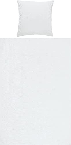 REDBEST Bettwäsche, Bettgarnitur Seersucker Uni Detroit weiß Größe 80x80 cm / 155x220 cm - weich, schnell trocknend, bügelfrei, mit Reißverschluss