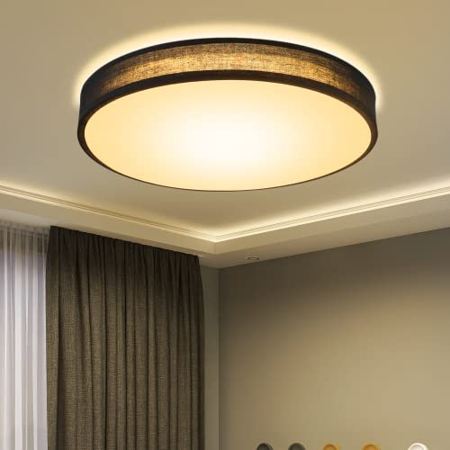ZMH Deckenlampe LED Deckenleuchte Wohnzimmer Rund Schwarz Modern Stoff Schlafzimmerlampe 3000K 12W Warmweiß Lampe mit Stoffschirm Schlafzimmer Lampenschirm Stoffdeckenlampe für Küche Flur Ø30CM