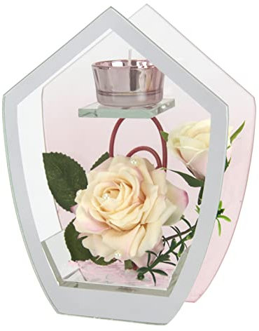 Teelichthalter aus Glas mit Teelicht-Kerze dekoriert mit Blume Rose Kerzen Kerzenhalter Kerzenständer Tischdeko Teelichtglas Laterne Windlicht romantische Deko Deko-Objekt Hochzeitsdeko