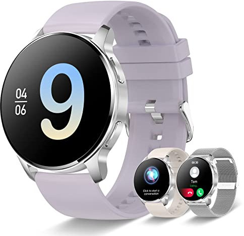Iaret Reloj Inteligente para Mujer Con Llamadas, 1,32'' Smartwatch, 3 Correas, Pulsera Actividad, Presión Arterial, Ritmo Cardíaco, Oxígeno Sanguíneo, Sueño para Android iPhone, Regalo, Plata