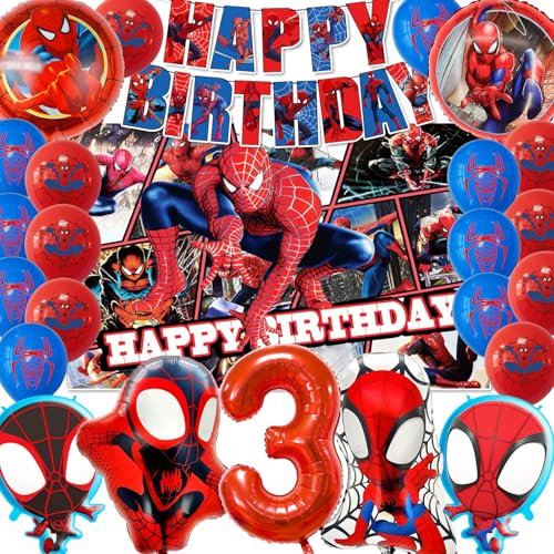 POVALLOV Spider Kindergeburtstag Deko, Spidrma Luftballons 3 Jahre, Geburtstagsdeko Spiderma 3 Jahre Party Set Spidrma Digital Ballon 3 Kindergeburtstagsdekor Hintergrunddekoration