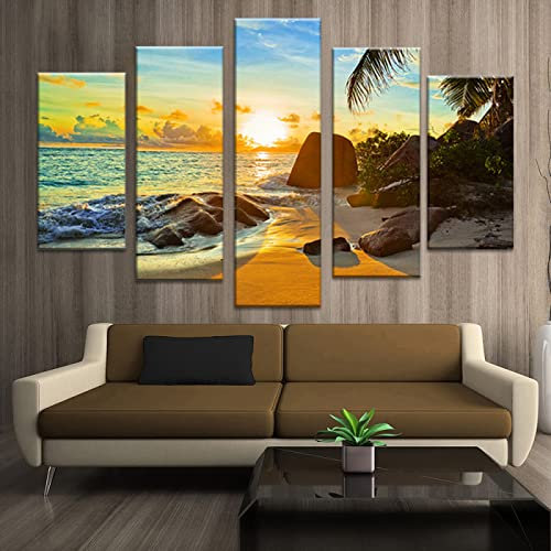 Targawerelax Druck Auf Leinwand Modern Home Wall Art Decor Modulare Ölbilder Auf Leinwand, Druckmalerei, 5-Teiliges Ozean-Sonnenuntergang-Strand-Meerblick-Poster 100x55cm