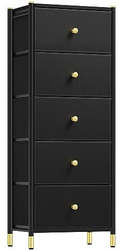 YITAHOME Kommode,komodenschrank für Schlafzimmer, 5 Schubladen aus Stoff mit Griffen,Schlank Kommode Schwarz mit Schubladen