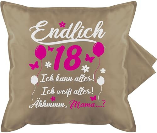 Kissenbezug - 18. Geburtstag Kissen - Endlich 18 Geschenk - 50 x 50 cm - Beige Natur - geschenkidee für den geschenke zum jungen 18ten junge eighteen (18) geburtstagskissen 18.geb geb. achtzehnter